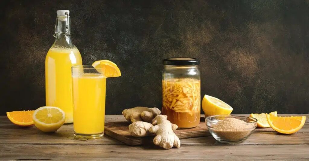 Homemade ginger bug in a glass jar with fresh ginger pieces and natural bubbles forming on top.