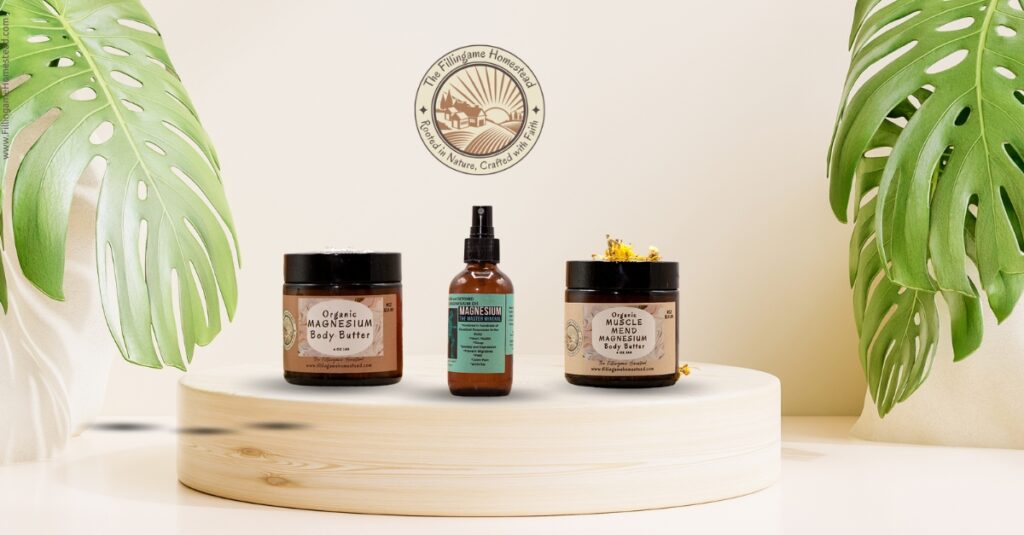 Handcrafted herbal products from The Fillingame Homestead displayed on a wooden stand, including body butter and a tincture made with natural ingredients.