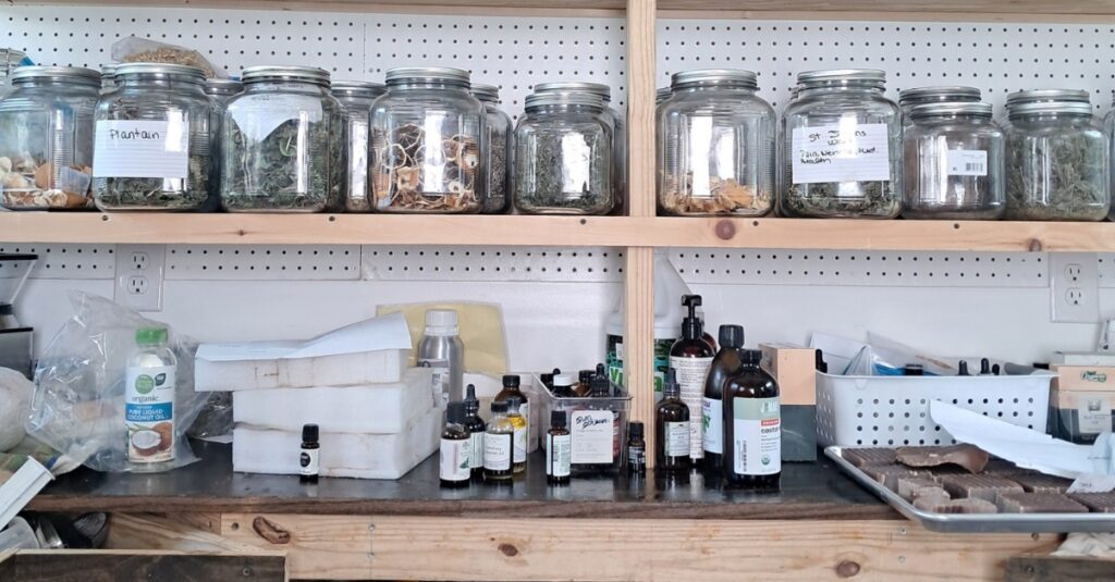 Shelves of glass jars filled with dried herbs, roots, and botanicals above a workbench with oils and tinctures at The Fillingame Homestead.